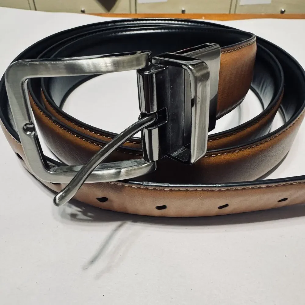 Mens Reversible Belt Black‎ Brown Vegan Leather Silver Buckle Men's Size 54 56